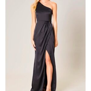 One shoulder satin black dress